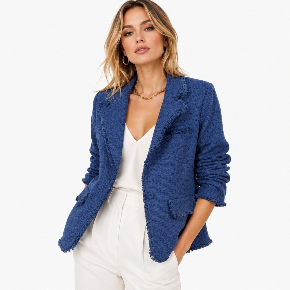Daniel Rainn Emma Tweed Fringe Blazer Blue Ruched Sleeves Size L NWT